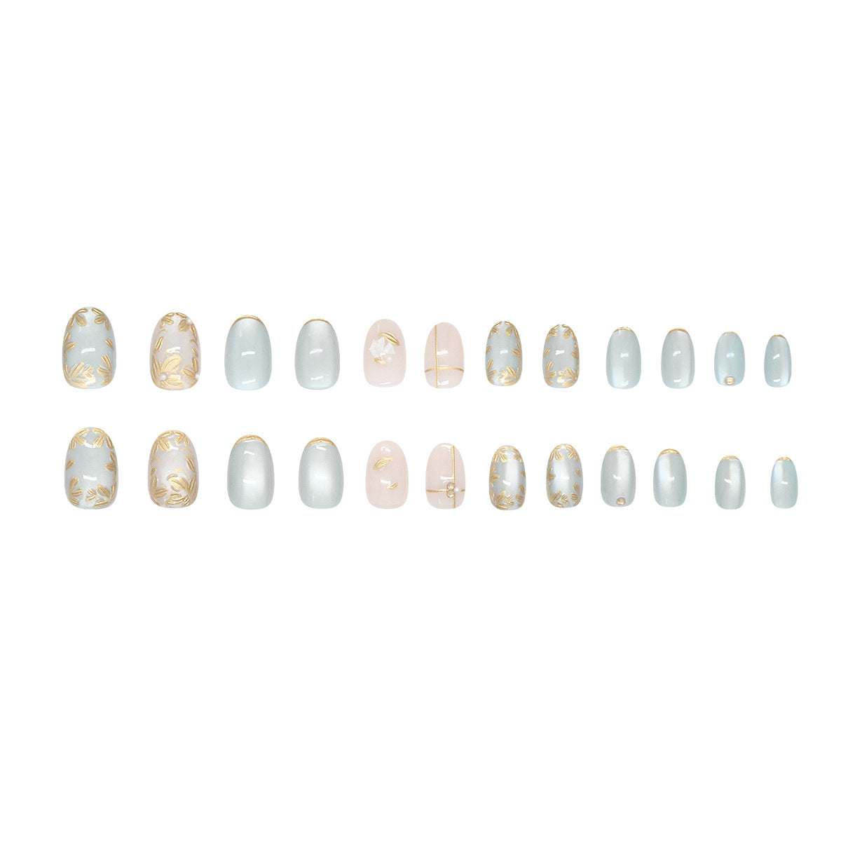 TN70 - Sage Green Gold Floral 3D Jewel Almond Press-On Nails | 24 Pcs