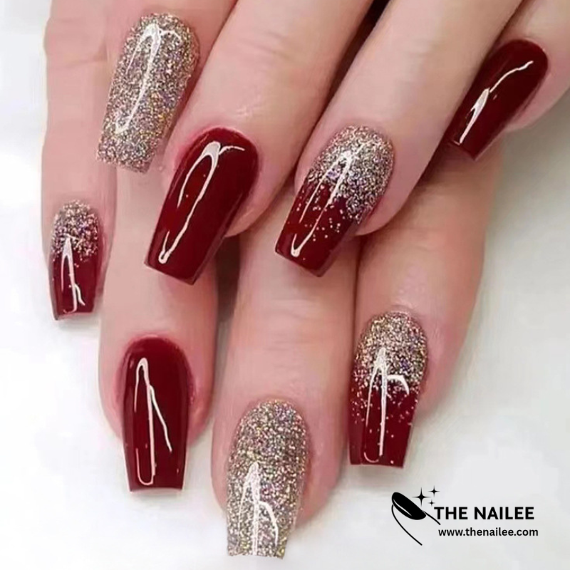 TN52 - Maroon & Gold Glitter Accent Coffin Press-On Nails | 24 Pcs