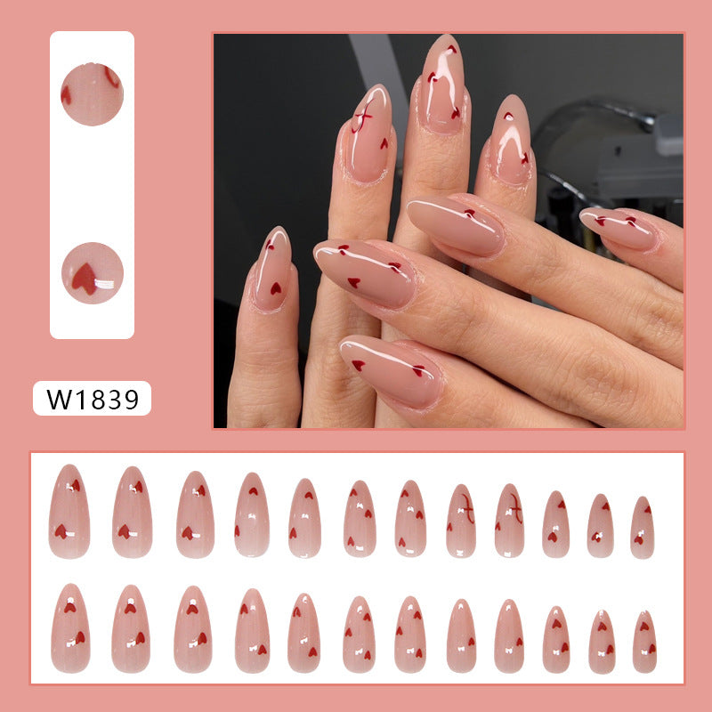 TN36 - Scarlet Hearts – Glossy Nude Almond Press-On Nails (24 pcs)