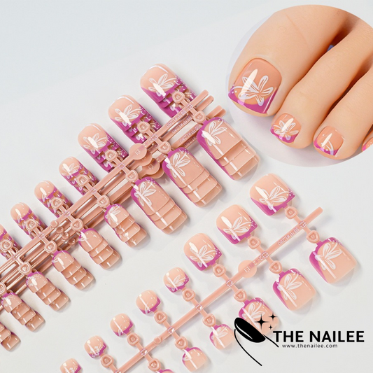 TN07- 24 pcs Flower Press On Toe Nails [with nail glue stickers and mini file]