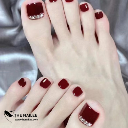 TN71 - 24 Pcs Burgundy Red Toe Press-On Nails – Glossy Square False Toenails with Rhinestone Accent