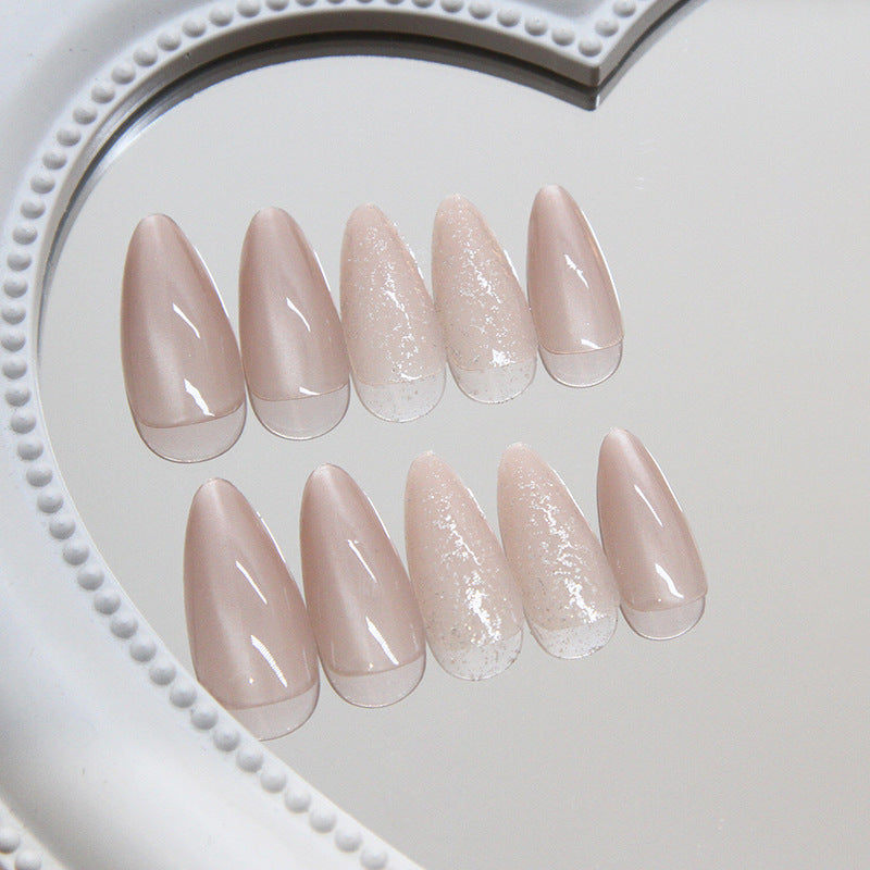 TN65 - Taupe Nude Cat Eye Glitter Accent Almond Press-On Nails | 24 Pcs