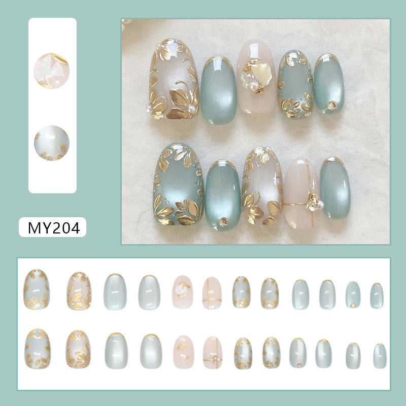 TN70 - Sage Green Gold Floral 3D Jewel Almond Press-On Nails | 24 Pcs