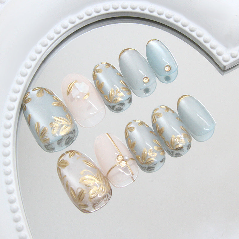 TN70 - Sage Green Gold Floral 3D Jewel Almond Press-On Nails | 24 Pcs
