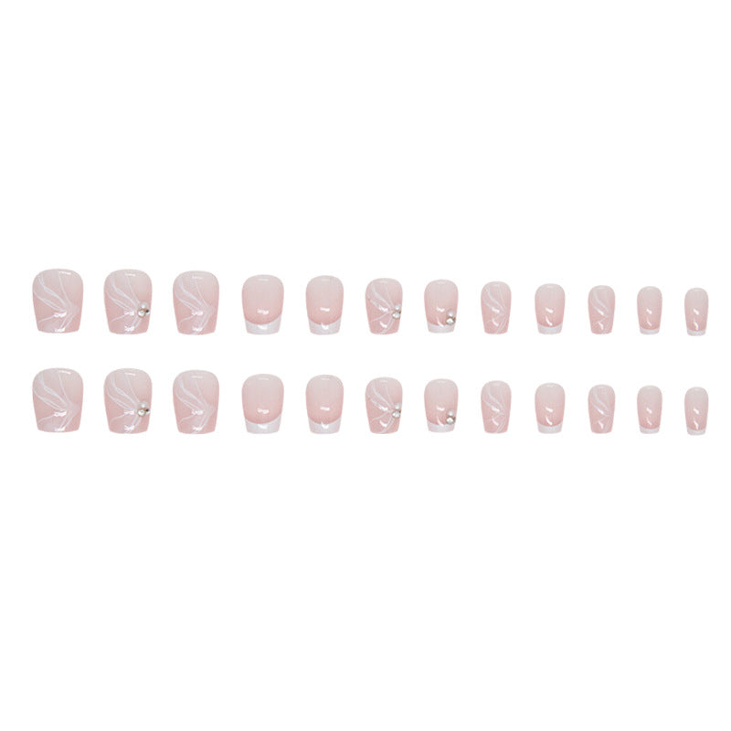 TN58 - French Tip Butterfly Bow Rhinestone Press-On Nails | 24 Pcs