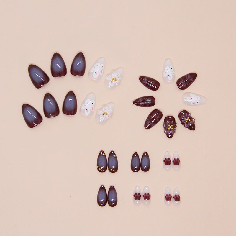 TN74 - 3D Purple Floral Gold Bead Almond Press-On Nails | 24 Pcs