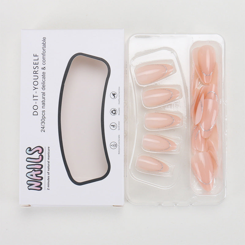 TN54 - Nude PinkSilver Glitter Outline Almond Press-On Nails | 24 pcs