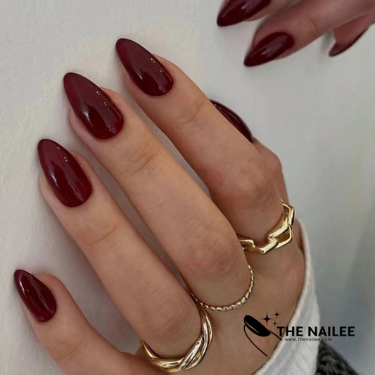 TN05 - Burgundy Almond Press on Nails - 24 pcs - with nail glue stickers