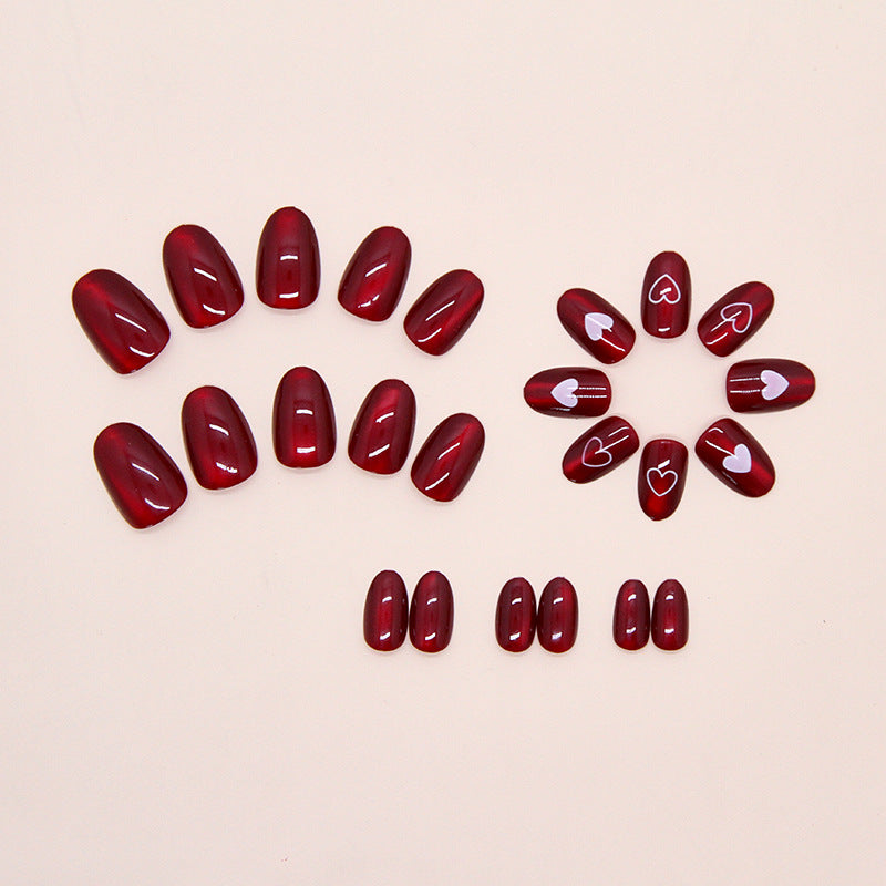 TN64 - Wine Red Heart Cat Eye Accent Almond Press-On Nails | 24 Pcs