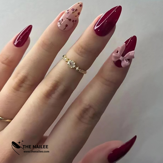 TN62 - Wine Red Floral & Bow Accent Almond Press-On Nails | 24 Pcs
