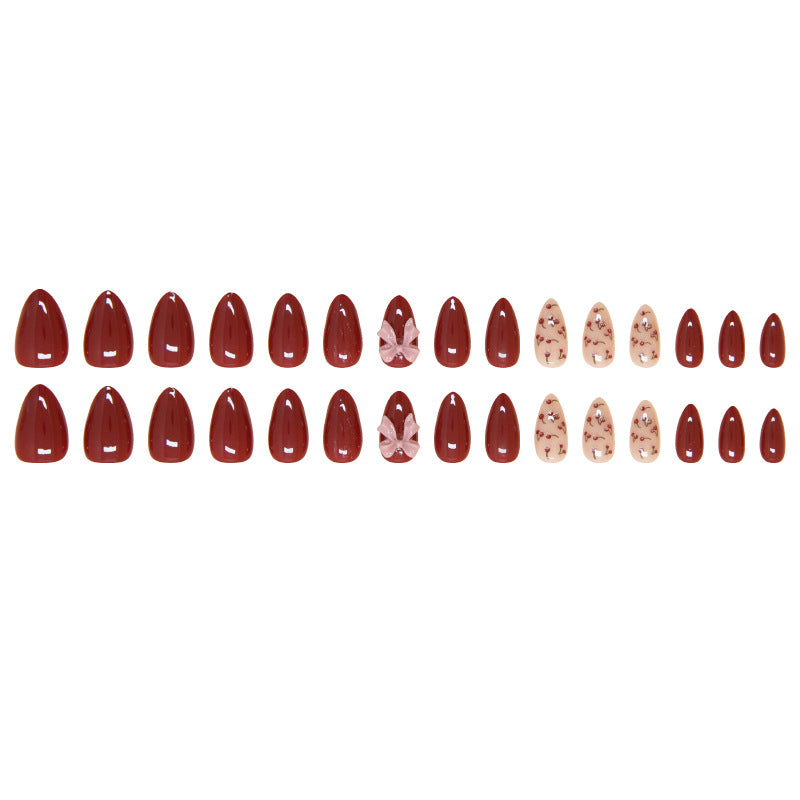 TN62 - Wine Red Floral & Bow Accent Almond Press-On Nails | 24 Pcs