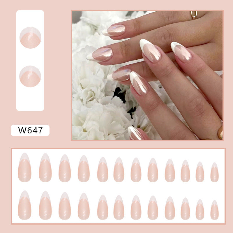 TN46 - Pearl Chrome French Tip Almond Press-On Nails | 24 Pcs