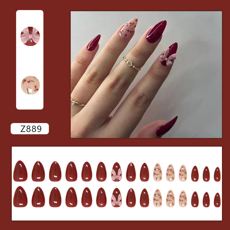TN62 - Wine Red Floral & Bow Accent Almond Press-On Nails | 24 Pcs