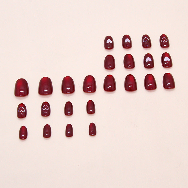 TN64 - Wine Red Heart Cat Eye Accent Almond Press-On Nails | 24 Pcs