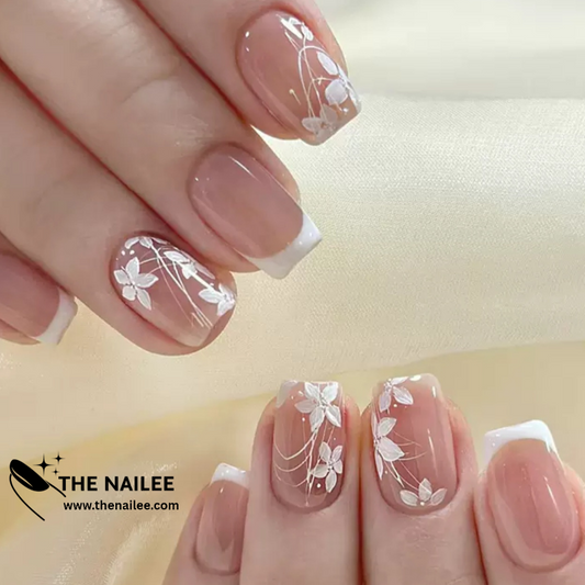 TN15 - White French Tip Press on Nails 24 pcs - Spring Flower [with nail glue stickers]