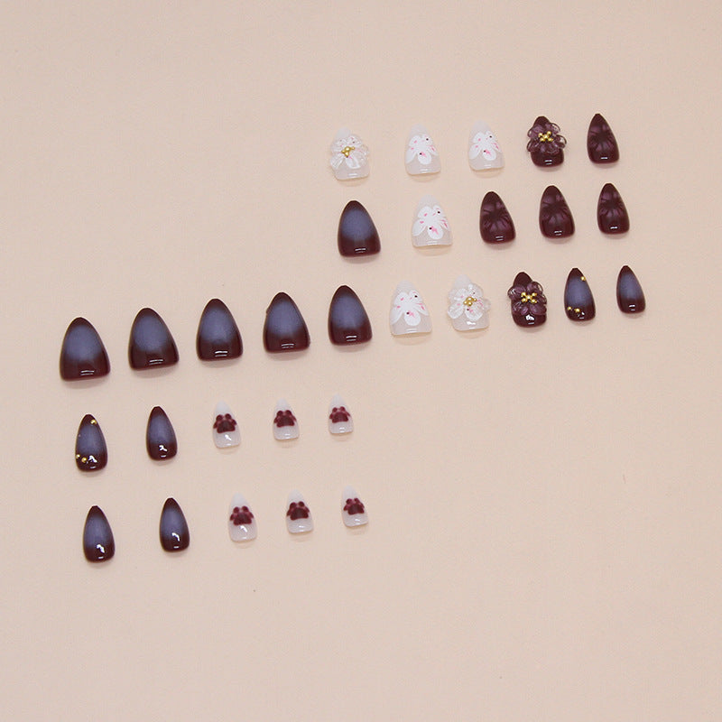 TN74 - 3D Purple Floral Gold Bead Almond Press-On Nails | 24 Pcs