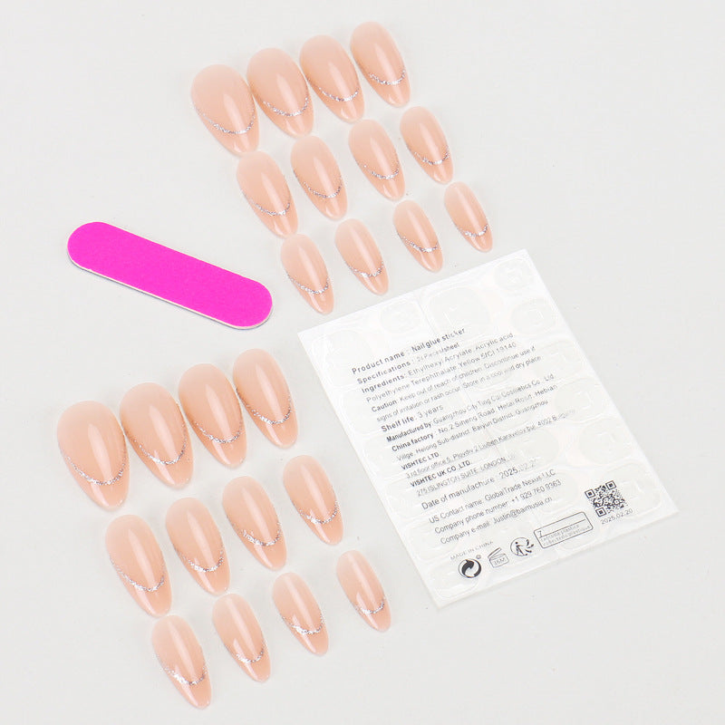 TN54 - Nude PinkSilver Glitter Outline Almond Press-On Nails | 24 pcs