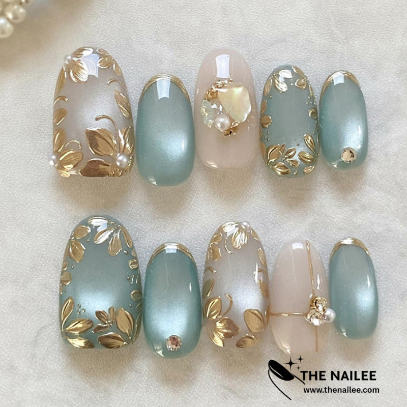 TN70 - Sage Green Gold Floral 3D Jewel Almond Press-On Nails | 24 Pcs