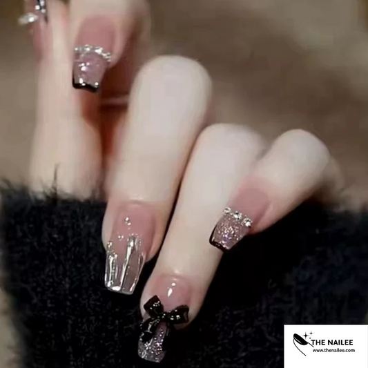 TN19 - 24 Pcs Black Press On Nails with Bow Rhinestone [With Glue Stickers ]
