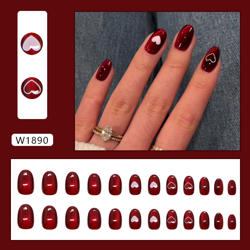 TN64 - Wine Red Heart Cat Eye Accent Almond Press-On Nails | 24 Pcs