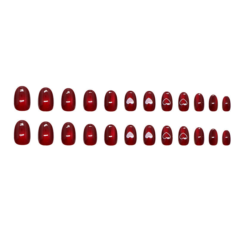 TN64 - Wine Red Heart Cat Eye Accent Almond Press-On Nails | 24 Pcs