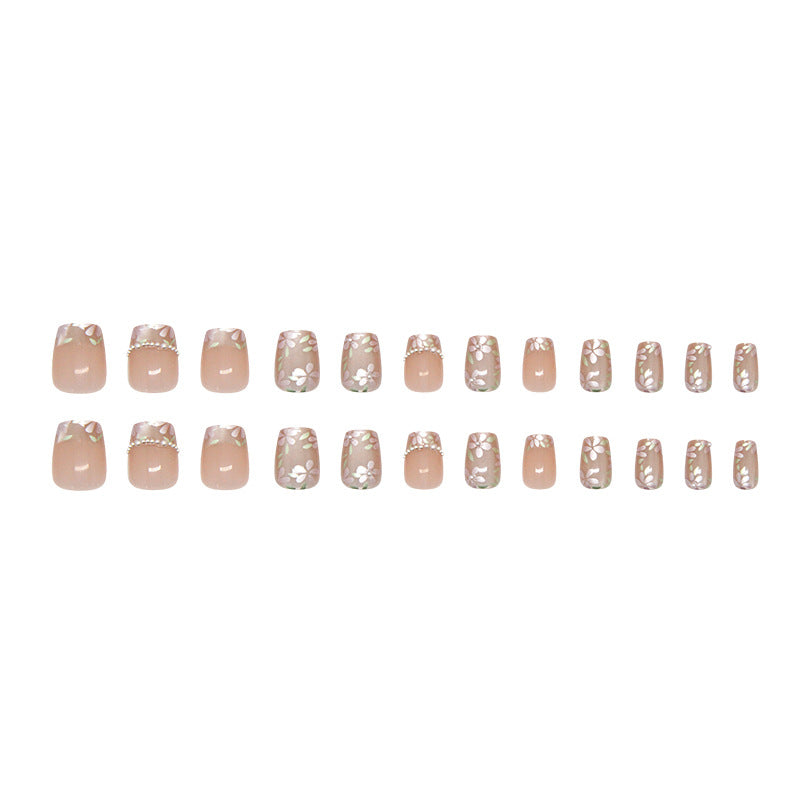 TN78- Pink Floral Pearl Accent Square Press-On Nails | 24 Pcs