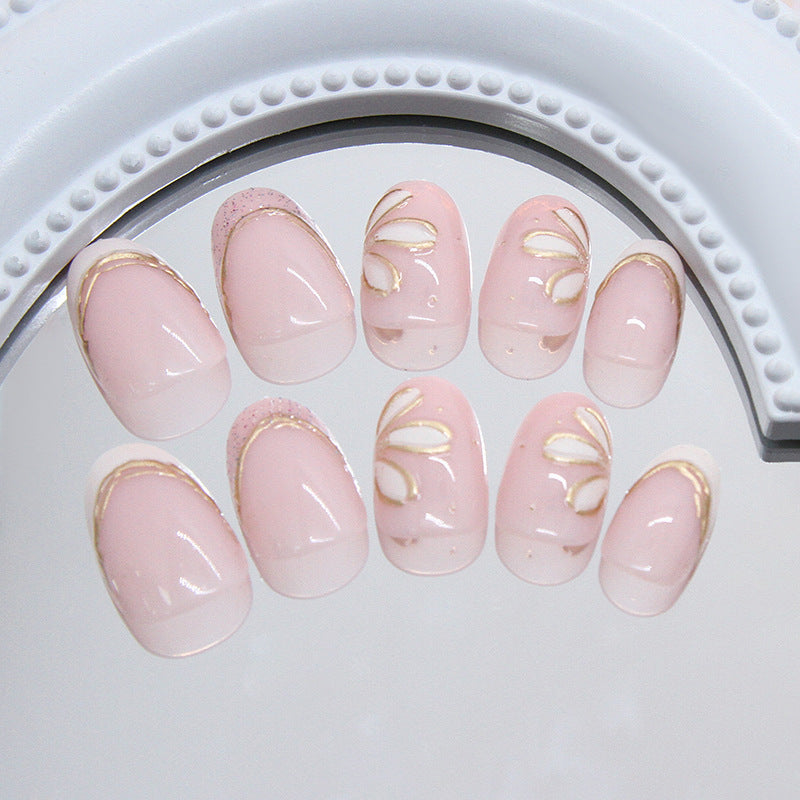 TN76-White Gold French Floral Outline Almond Press-On Nails | 24 Pcs