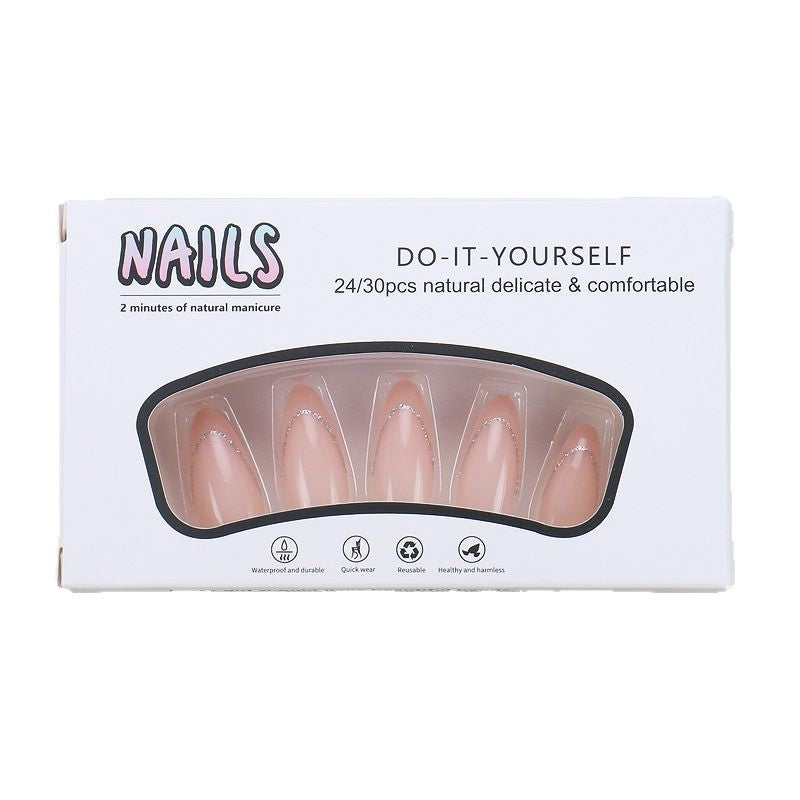 TN54 - Nude PinkSilver Glitter Outline Almond Press-On Nails | 24 pcs
