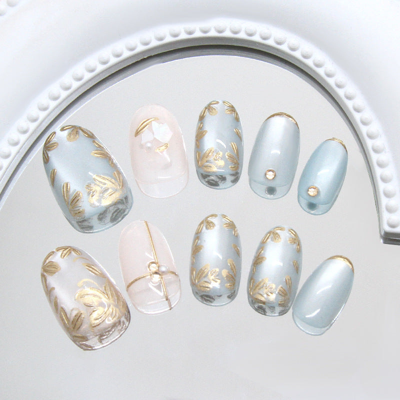 TN70 - Sage Green Gold Floral 3D Jewel Almond Press-On Nails | 24 Pcs