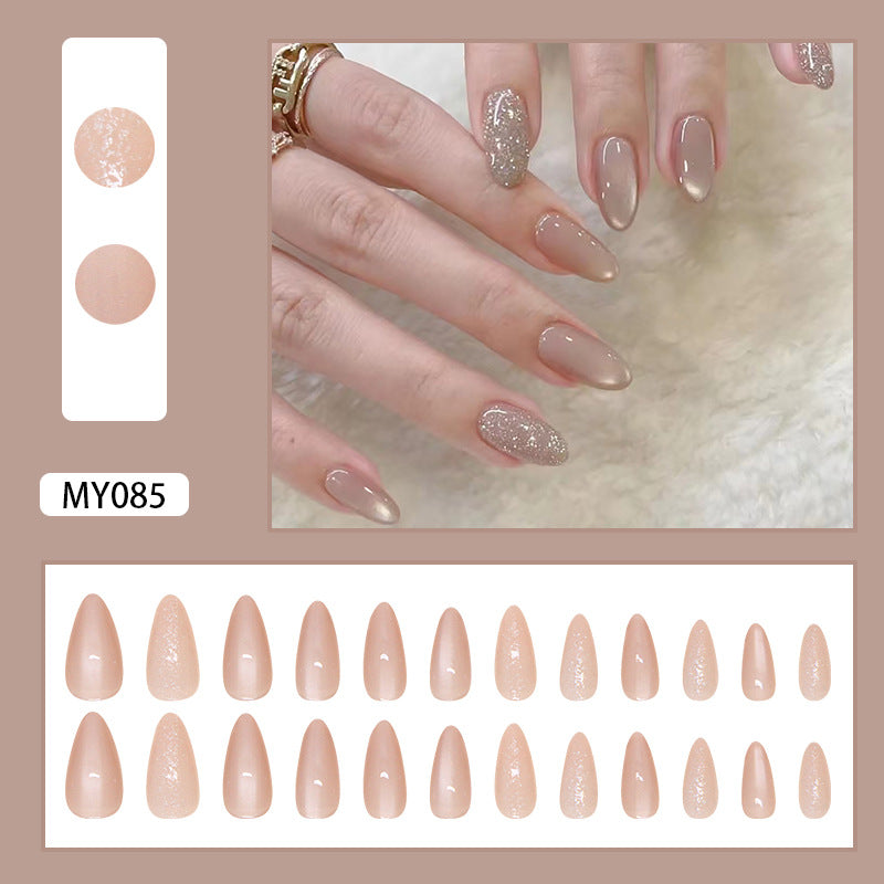 TN65 - Taupe Nude Cat Eye Glitter Accent Almond Press-On Nails | 24 Pcs